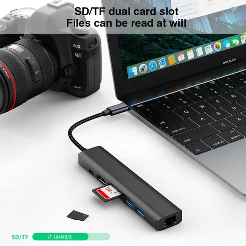 Grijze 7 In 1 USB C Type C Hub met 1000M RJ45 Gigabit Ethernet 4K HDMI PD 100W Adapter