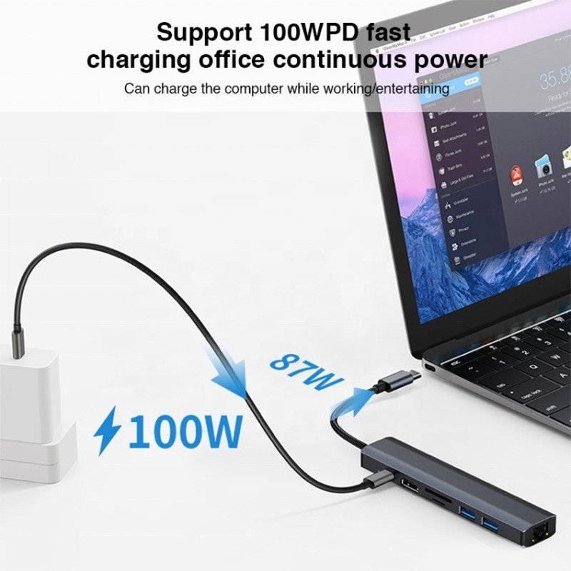 Grijze 7 In 1 USB C Type C Hub met 1000M RJ45 Gigabit Ethernet 4K HDMI PD 100W Adapter