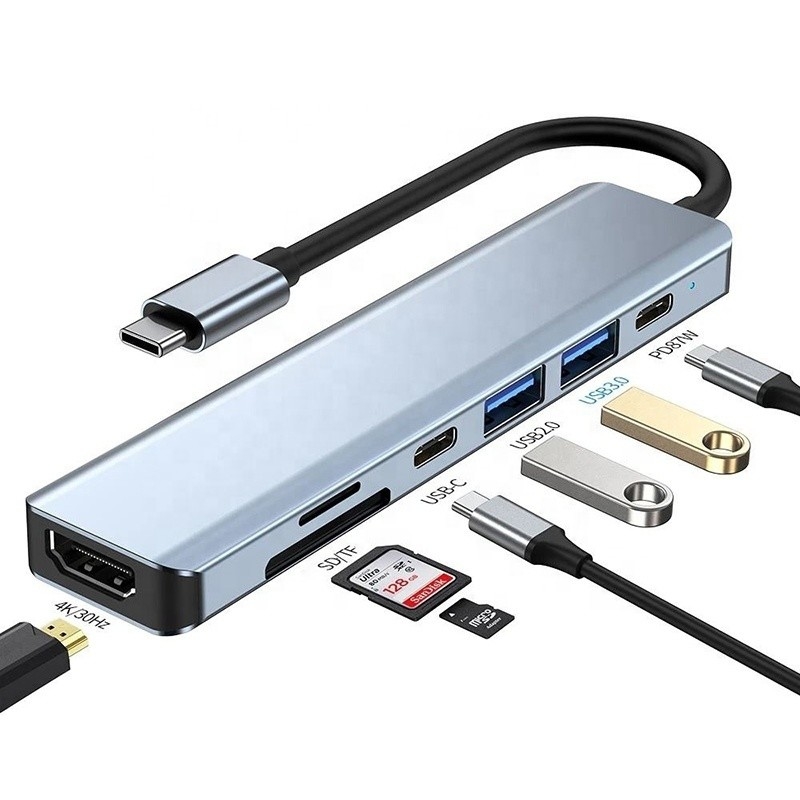 Grijs 7 In 1 USB C To HDMI Adapter Hub Dock met 4K HD HDMI PD SD TF SD/TF kaartlezer