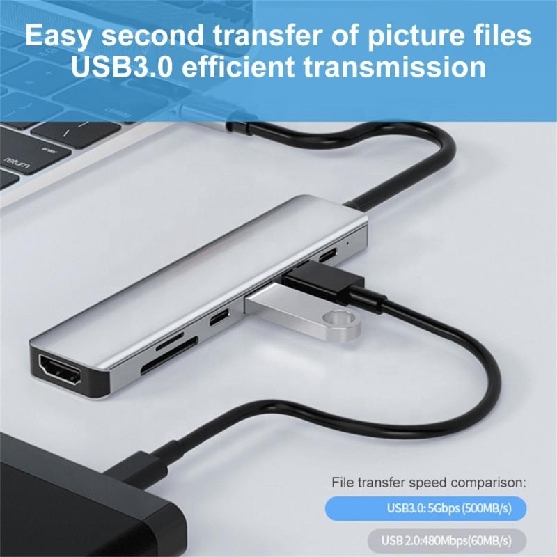 Grijs 7 In 1 USB C To HDMI Adapter Hub Dock met 4K HD HDMI PD SD TF SD/TF kaartlezer
