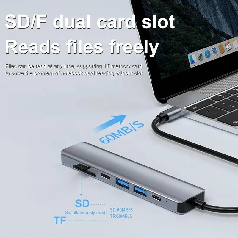 Grijs 7 In 1 USB C To HDMI Adapter Hub Dock met 4K HD HDMI PD SD TF SD/TF kaartlezer