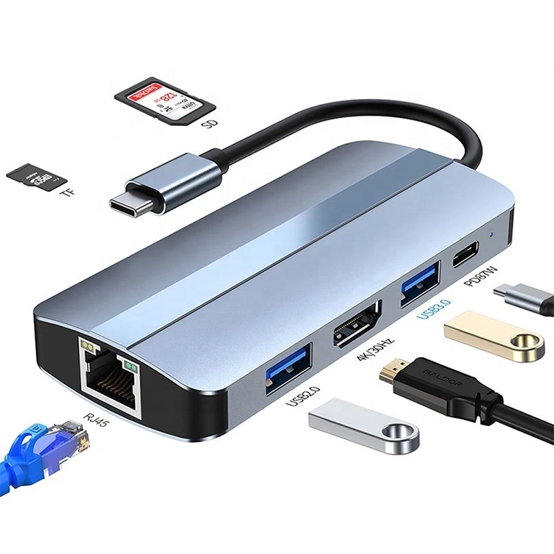 7 in 1 USB C USB-C Hub Voor Macbook Grijz HDMI USB 3.0 USB2.0 RJ45 SD/TF Card Reader PD Output