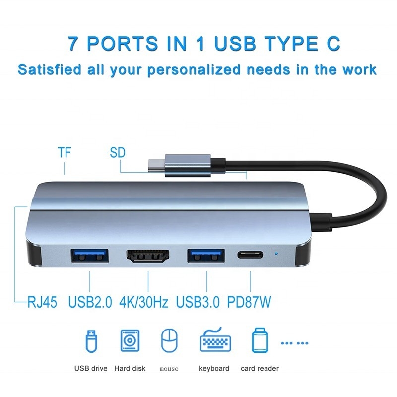 7 in 1 USB C USB-C Hub Voor Macbook Grijz HDMI USB 3.0 USB2.0 RJ45 SD/TF Card Reader PD Output