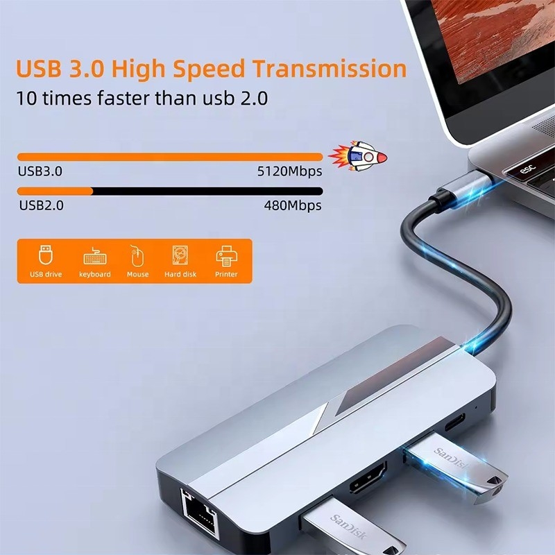 7 in 1 USB C USB-C Hub Voor Macbook Grijz HDMI USB 3.0 USB2.0 RJ45 SD/TF Card Reader PD Output