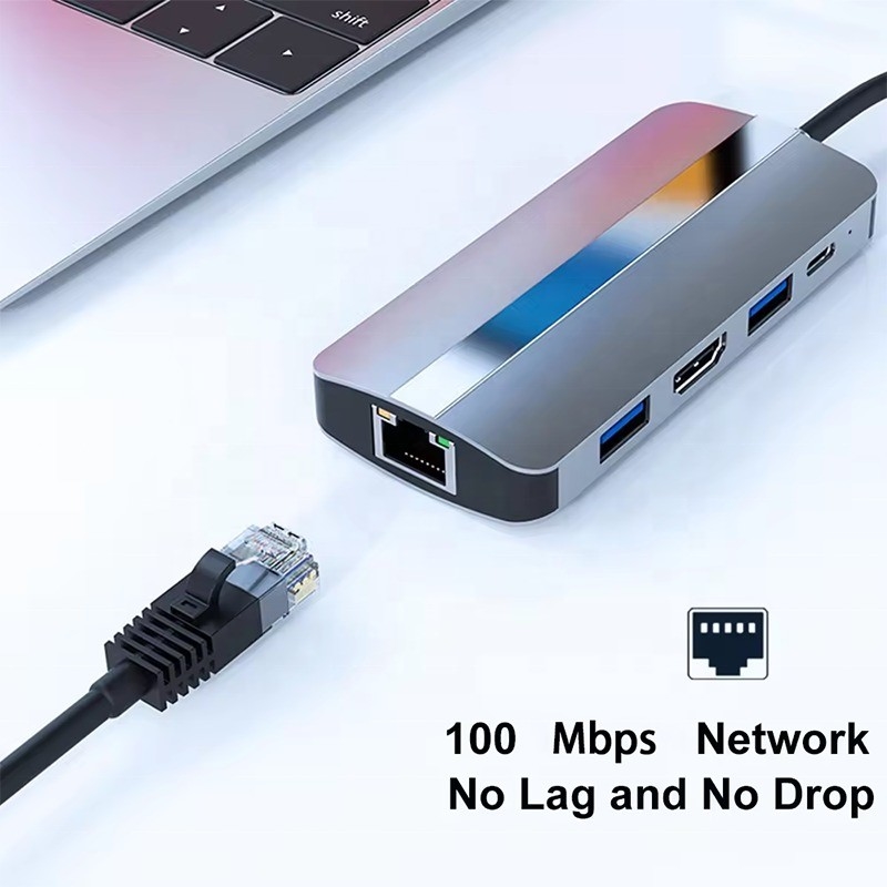 7 in 1 USB C USB-C Hub Voor Macbook Grijz HDMI USB 3.0 USB2.0 RJ45 SD/TF Card Reader PD Output