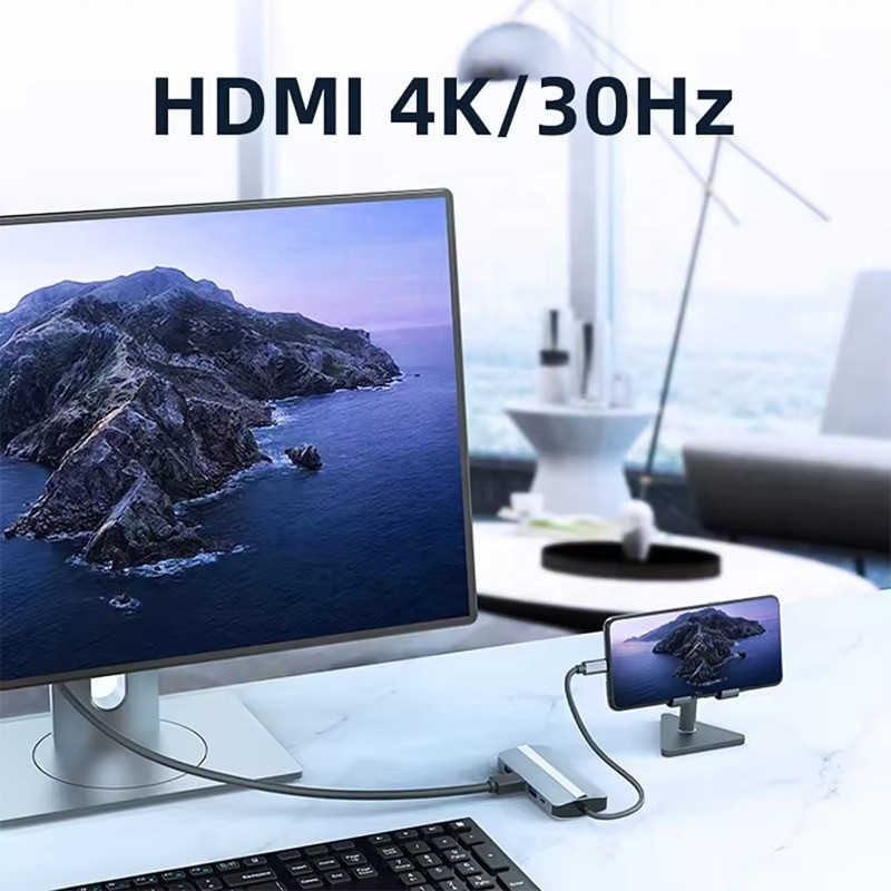 7 in 1 USB C USB-C Hub Voor Macbook Grijz HDMI USB 3.0 USB2.0 RJ45 SD/TF Card Reader PD Output
