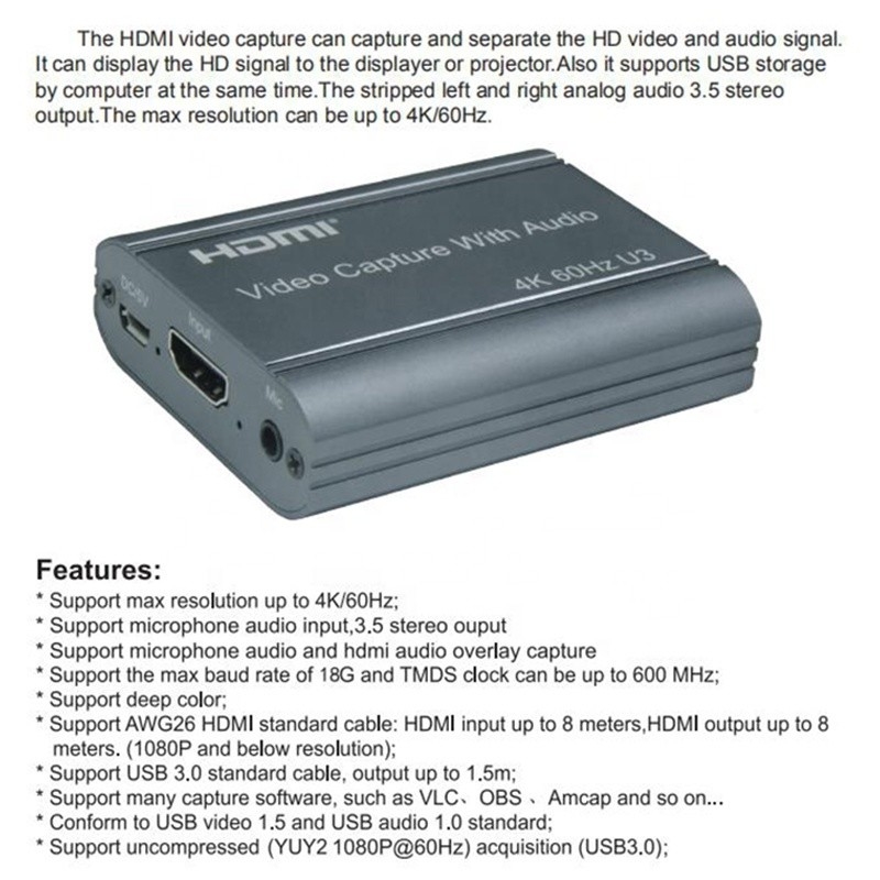 Professionele 4K 60Hz HDMI naar USB3.0 Video Capture Card met Audio Output en USB 3.0