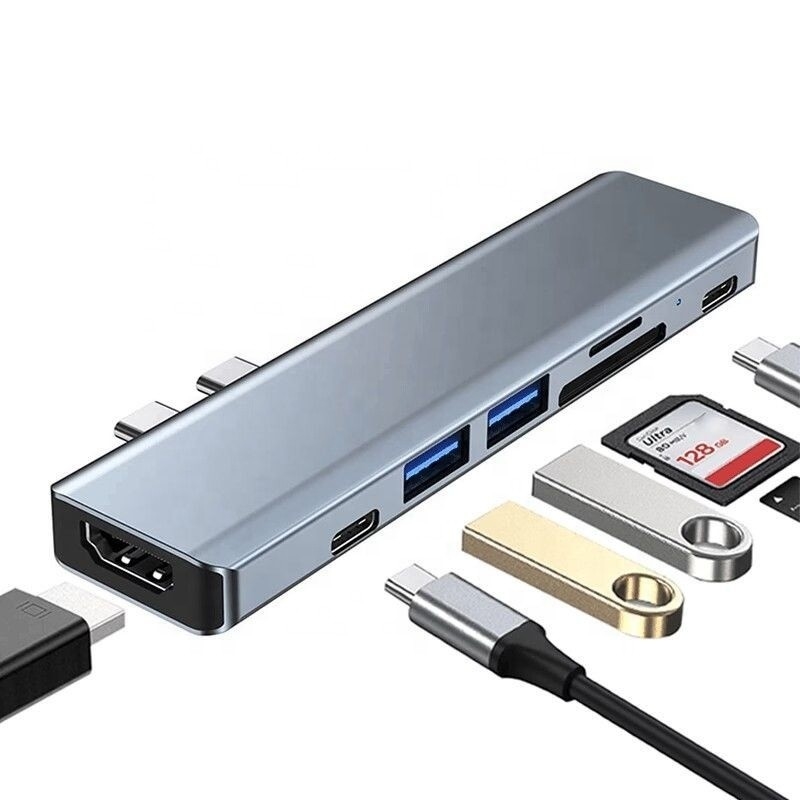 USB Type C 7-in-1 Multiport Dock Hub Adapter met HDMI USB 3.0 USB 2.0 SD/TF PD-uitgang