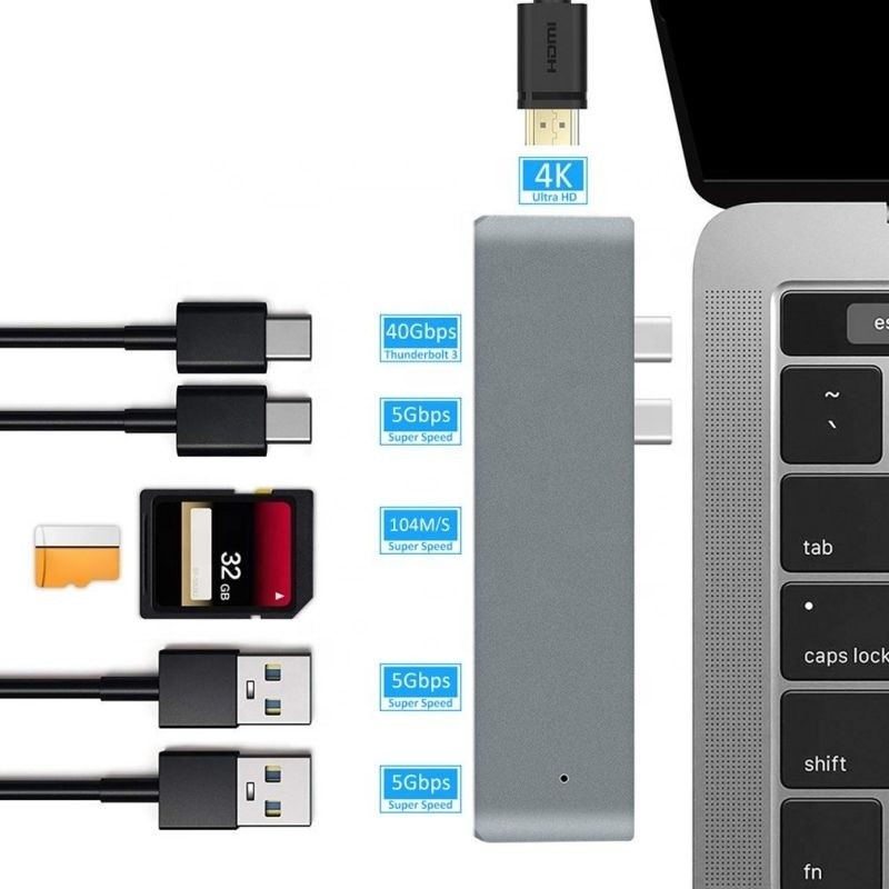 7-in-2-hubdockingstation met dubbele mannelijke input van type C en USB 3.1-interface