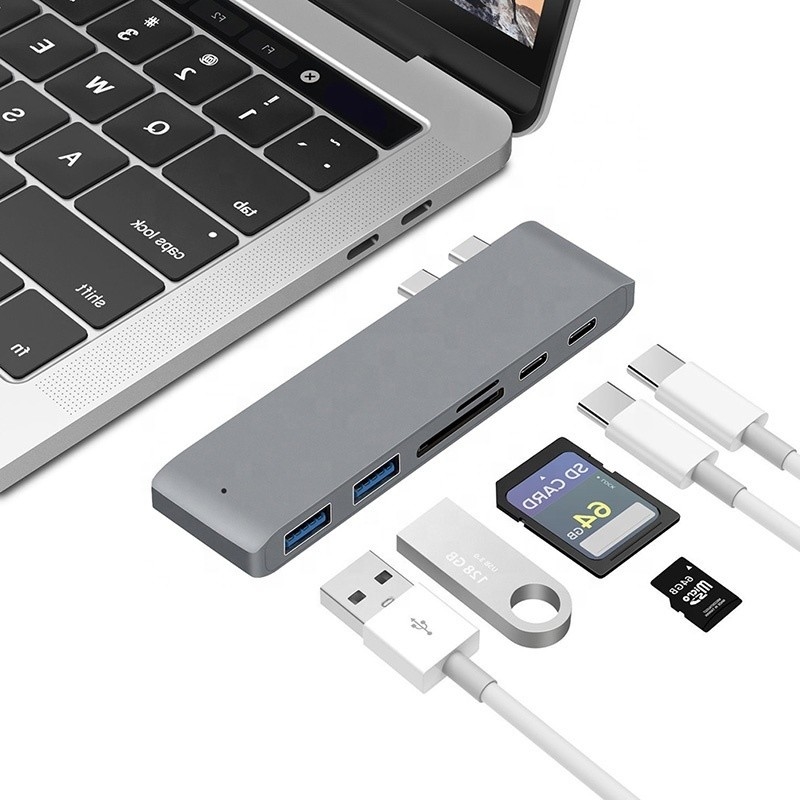 Multiport Docking Station 6-in-1 Type-C Hub Adapter met SD/TF 2*USB3.0 2*USB-C-uitgang