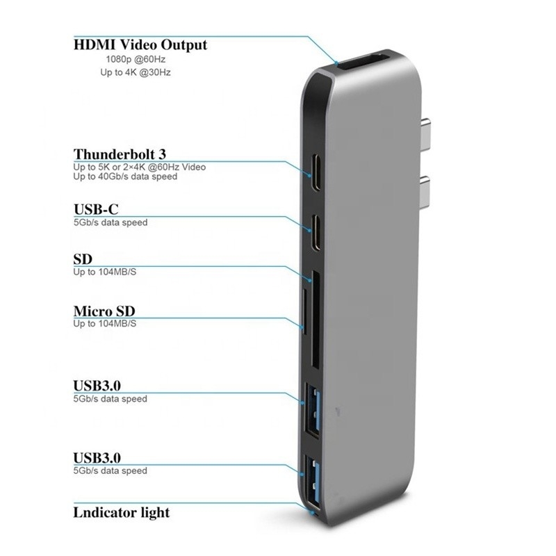Multiport Docking Station 6-in-1 Type-C Hub Adapter met SD/TF 2*USB3.0 2*USB-C-uitgang