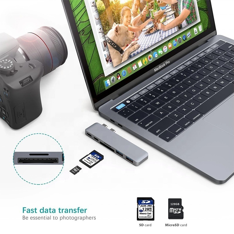 Multiport Docking Station 6-in-1 Type-C Hub Adapter met SD/TF 2*USB3.0 2*USB-C-uitgang