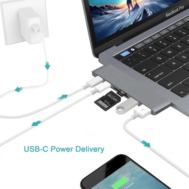 Multiport Docking Station 6-in-1 Type-C Hub Adapter met SD/TF 2*USB3.0 2*USB-C-uitgang
