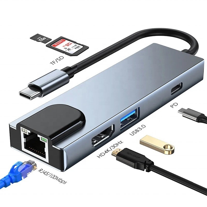 Grijze USB C PD-dockingstation voor laptops, oplaadfunctie, gegevensoverdracht, video-uitgang