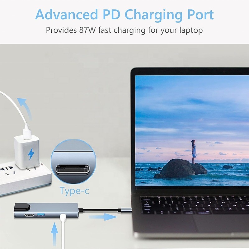 Grijze USB C PD-dockingstation voor laptops, oplaadfunctie, gegevensoverdracht, video-uitgang