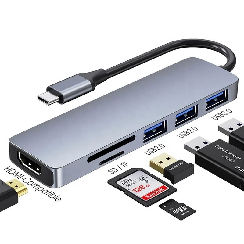 6-in-1 Multiport Laptop Docking Station met 4K HD HDMI HDTV USB 3.0 SD TF Card Reader