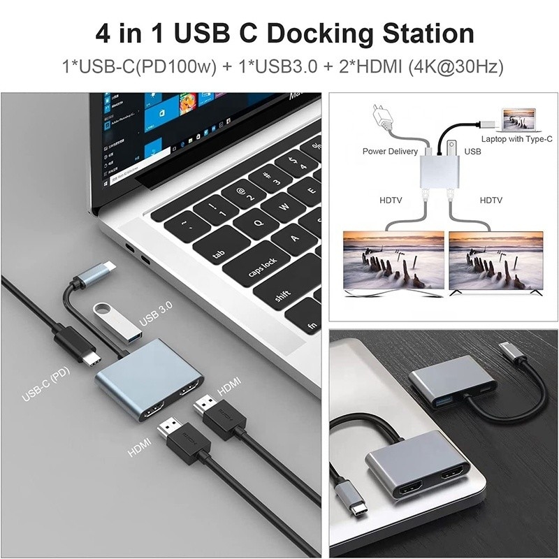 4-in-1 USB C tot Dual 4K HDMI MST-adapter voor het opladen van gegevensoverdracht en videuoutput