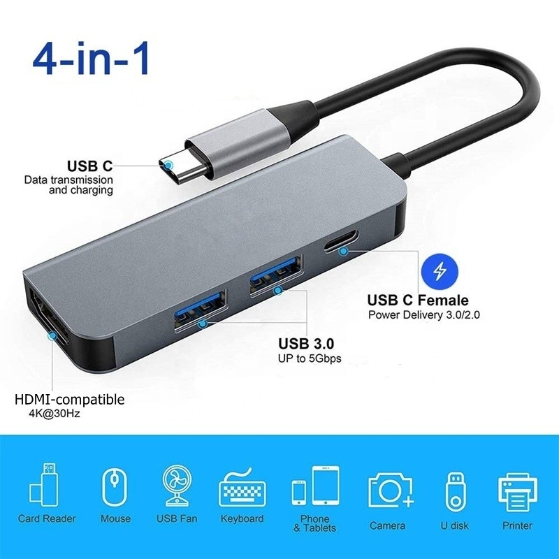 4K HDMI Type-C-to-USB C Hub Adapter met 2 USB3.0 en PD oplaadpoorten