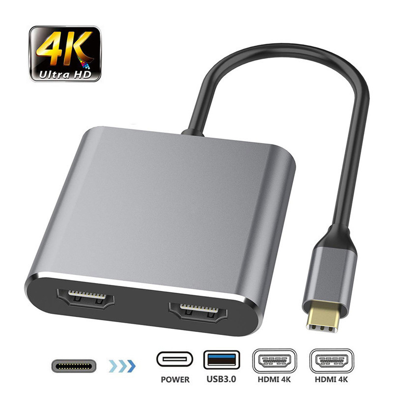 4-in-1-dockingstation met 2 dubbele 4K HDMI-poorten en USB-C Type-C naar dubbele HDMI-adapter