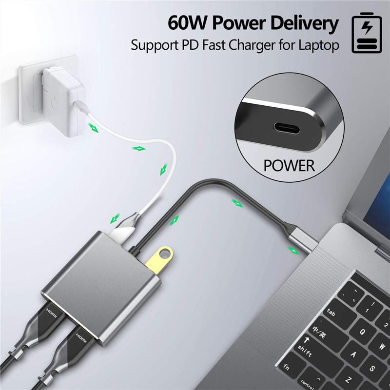4-in-1-dockingstation met 2 dubbele 4K HDMI-poorten en USB-C Type-C naar dubbele HDMI-adapter