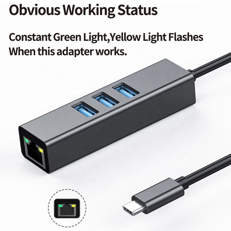 USB 3.1 Type C tot 9 poorten USB3.0 Hub met Gigabit Ethernet RJ45 Lan Port Adapter Grijs