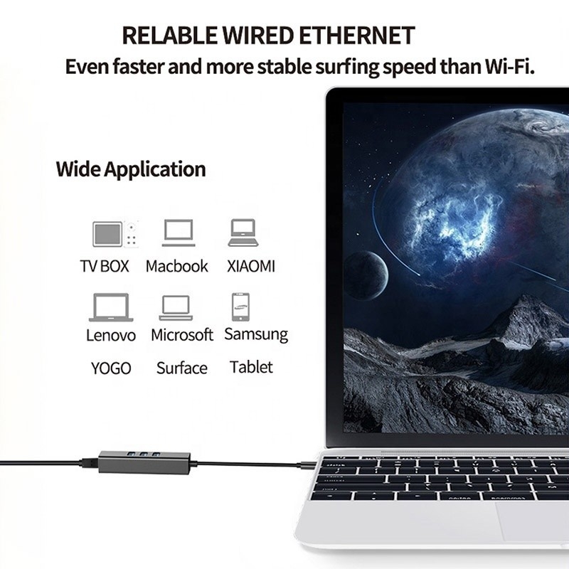 USB 3.1 Type C tot 9 poorten USB3.0 Hub met Gigabit Ethernet RJ45 Lan Port Adapter Grijs