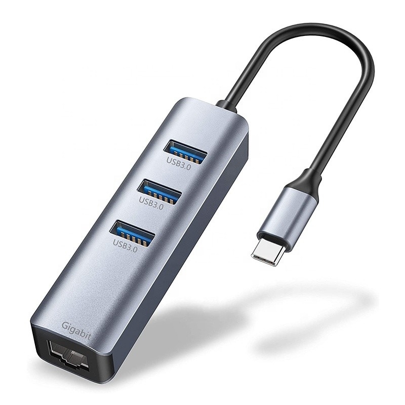 USB 3.1 Interface Type C tot 9 poorten USB A 3.0 Adapter met RJ45 Gigabit Ethernet Network Card Grijz
