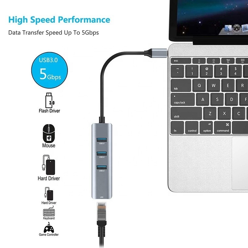 USB 3.1 Interface Type C tot 9 poorten USB A 3.0 Adapter met RJ45 Gigabit Ethernet Network Card Grijz