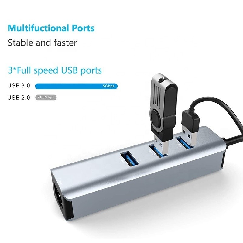 USB 3.1 Interface Type C tot 9 poorten USB A 3.0 Adapter met RJ45 Gigabit Ethernet Network Card Grijz