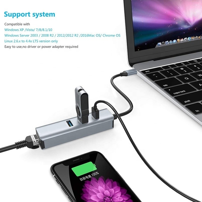 USB 3.1 Interface Type C tot 9 poorten USB A 3.0 Adapter met RJ45 Gigabit Ethernet Network Card Grijz