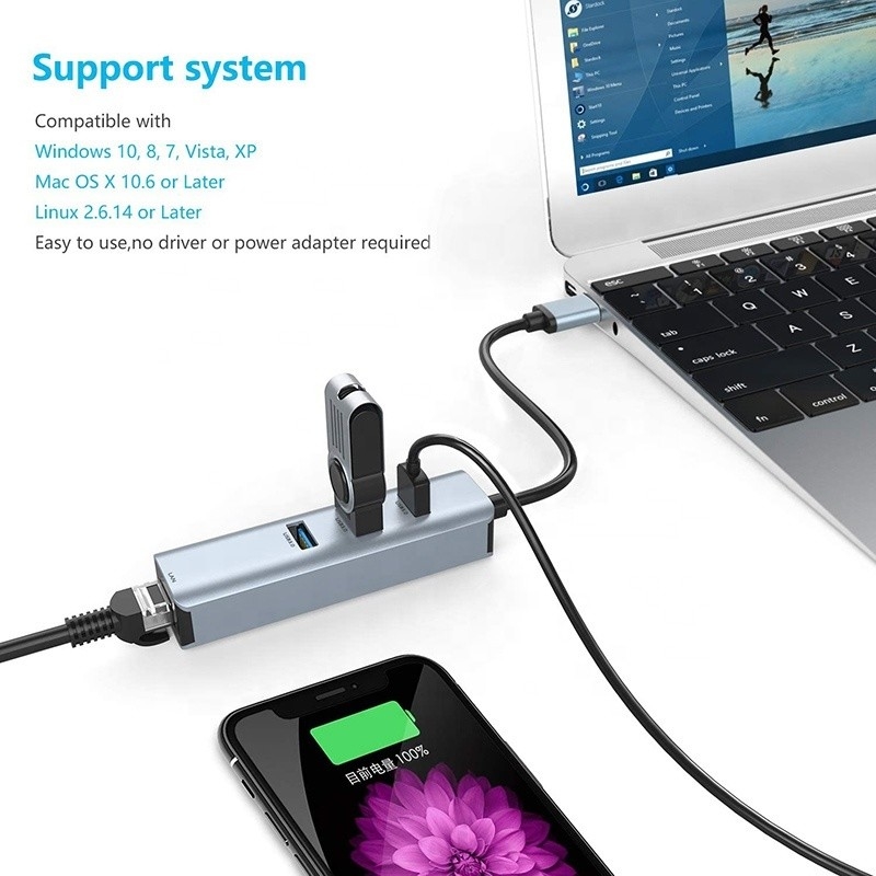 USB 3.0 tot 6 poorten USB-hub en 1000Mbps Ethernet-adapter voor compatibiliteit tussen man en vrouw