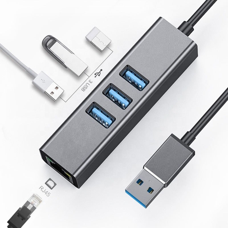 Grijze USB3.0 Hub en RJ45 Lan Adapter met 3 USB-poorten Gigabit Ethernet Network Card
