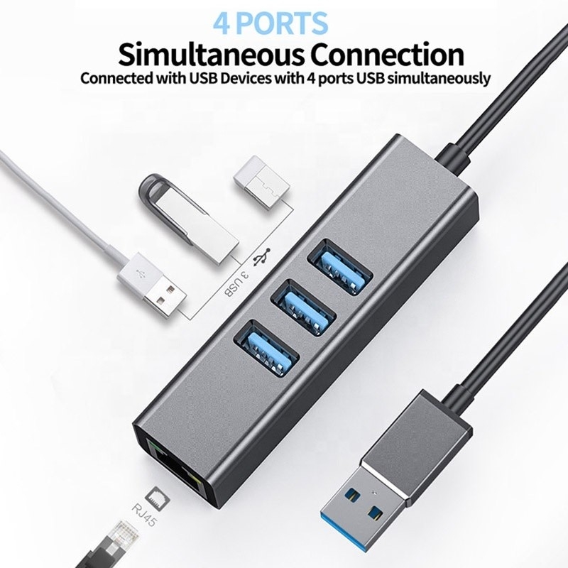 Grijze USB3.0 Hub en RJ45 Lan Adapter met 3 USB-poorten Gigabit Ethernet Network Card
