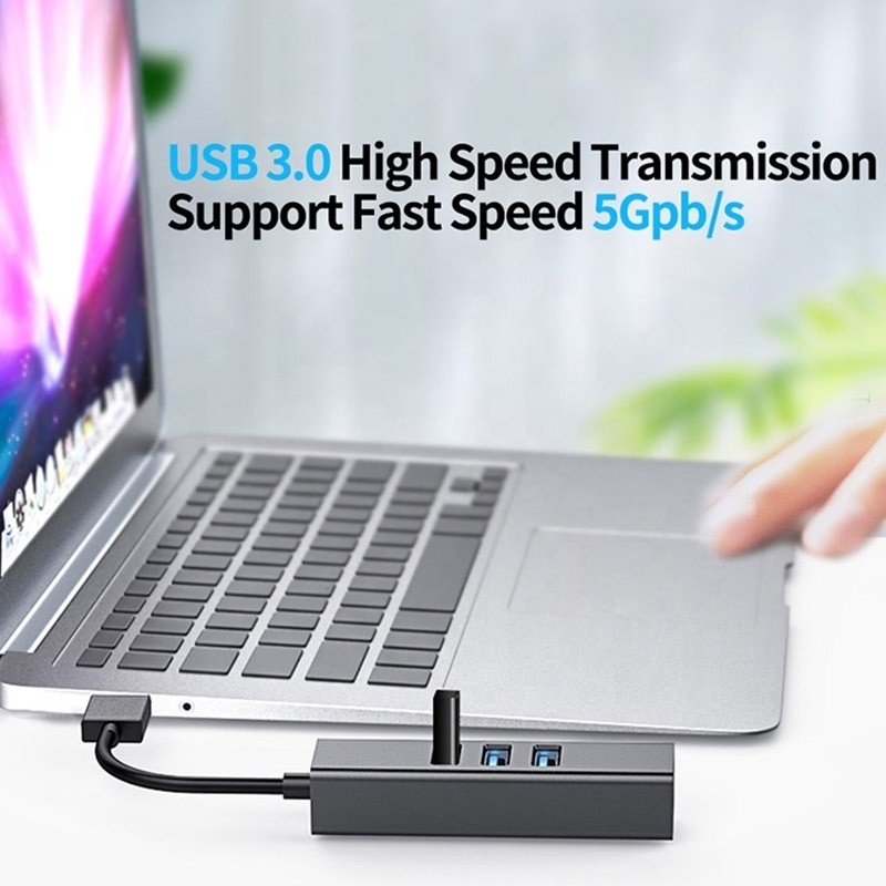 Grijze USB3.0 Hub en RJ45 Lan Adapter met 3 USB-poorten Gigabit Ethernet Network Card
