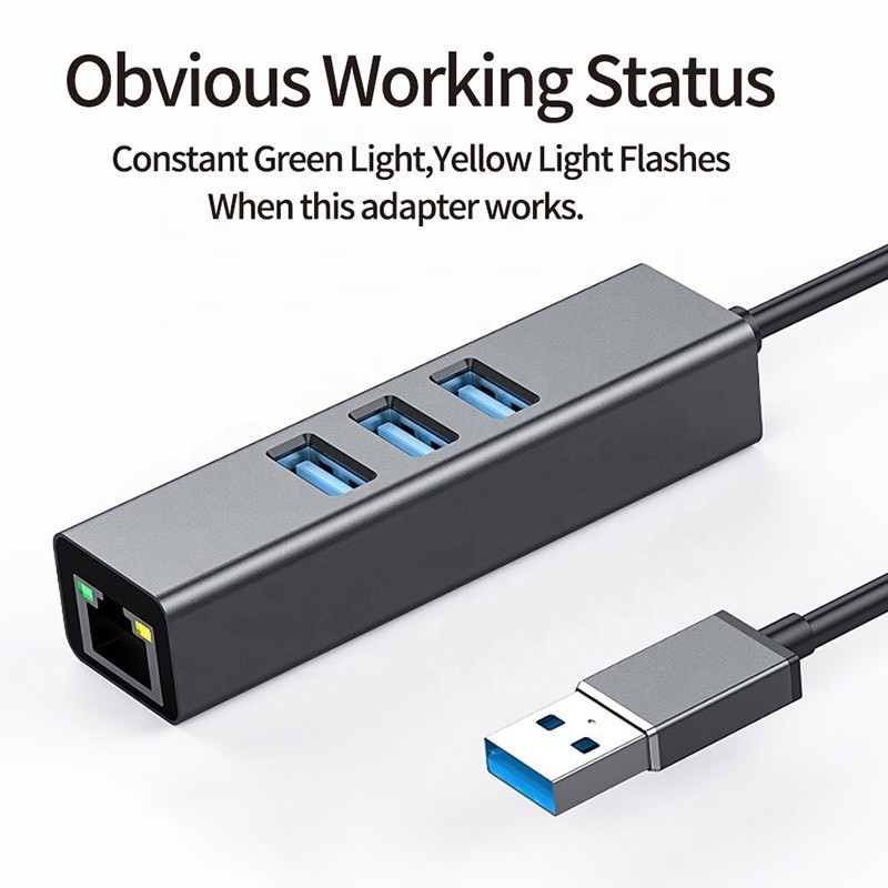 Grijze USB3.0 Hub en RJ45 Lan Adapter met 3 USB-poorten Gigabit Ethernet Network Card
