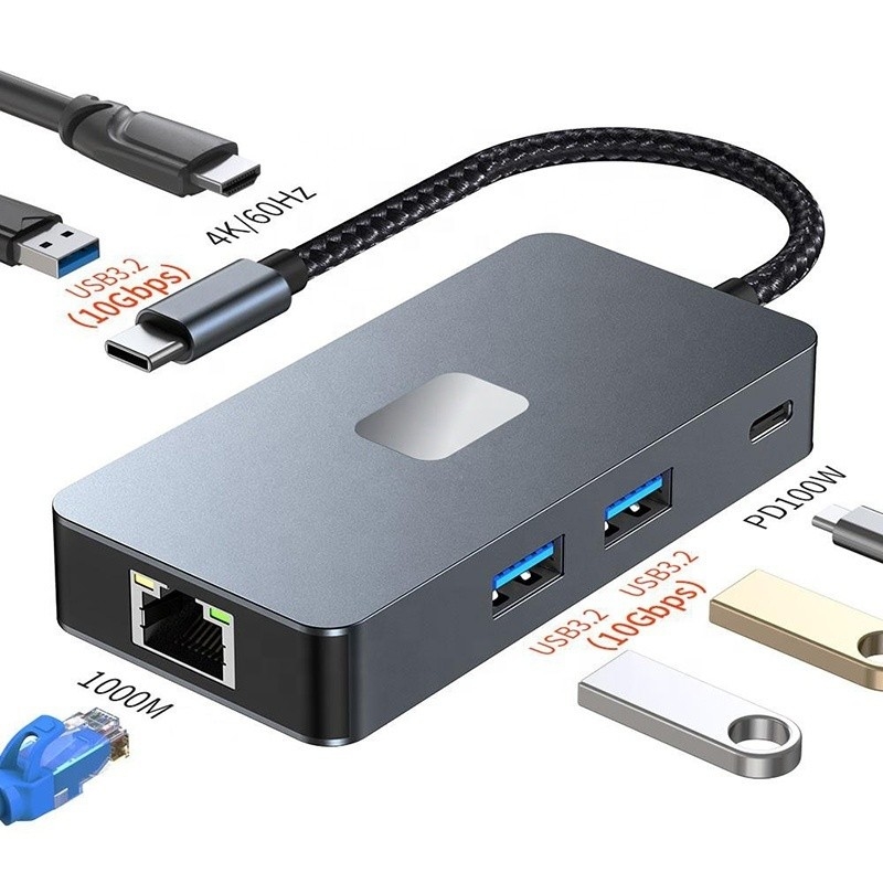 8-in-1 Multiport Adapter USB-C Hub Met HDMI 3 USB3.0 RJ45 En PD Uitgang 5-8 poorten