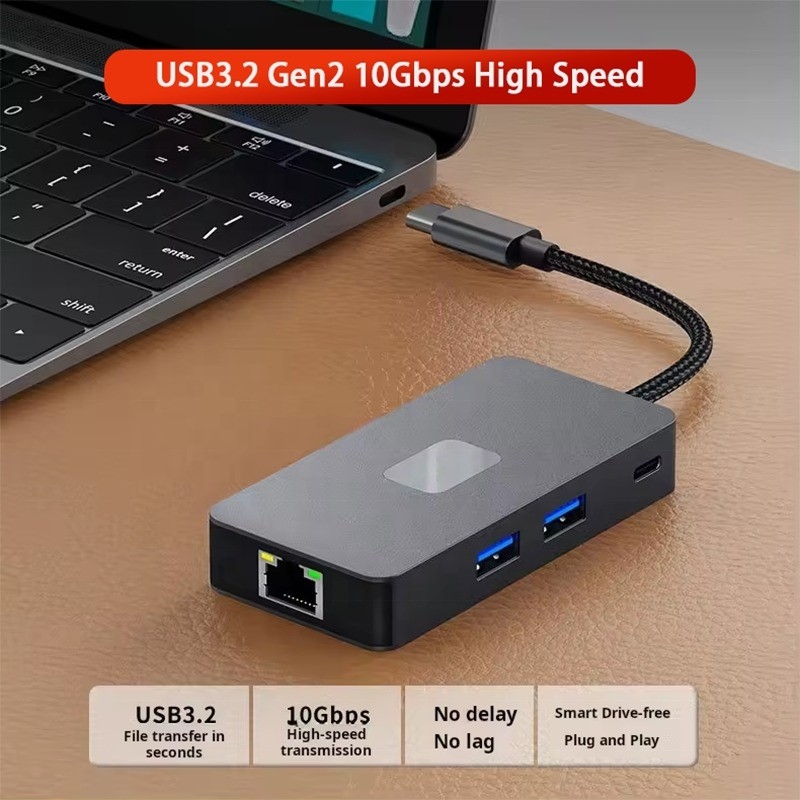 8-in-1 Multiport Adapter USB-C Hub Met HDMI 3 USB3.0 RJ45 En PD Uitgang 5-8 poorten