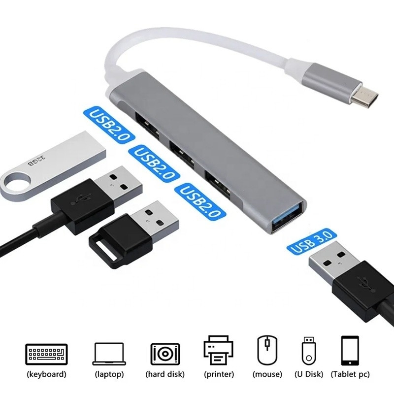 Aluminium 4-poort USB Type-C naar USB 3.0 2.0 Data Hub voor hoge snelheid dataoverdracht