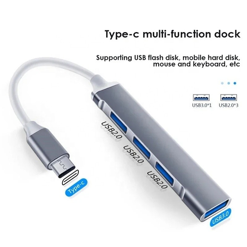 Aluminium 4-poort USB Type-C naar USB 3.0 2.0 Data Hub voor hoge snelheid dataoverdracht