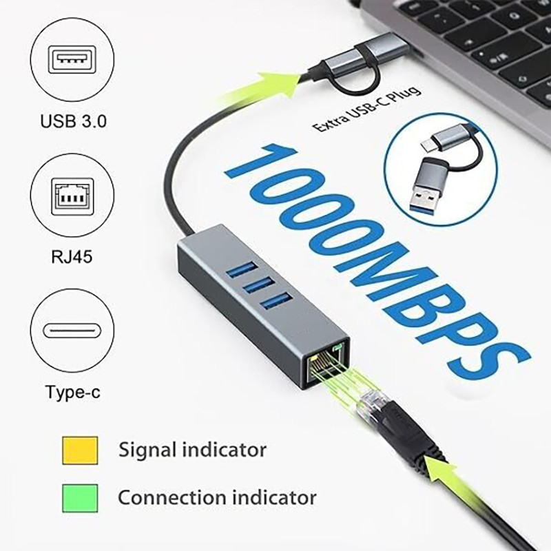 USB Type-C naar Ethernet Adapter met 14 USB-poorten 1000 Mbit/s Gigabit RJ45 LAN Hub