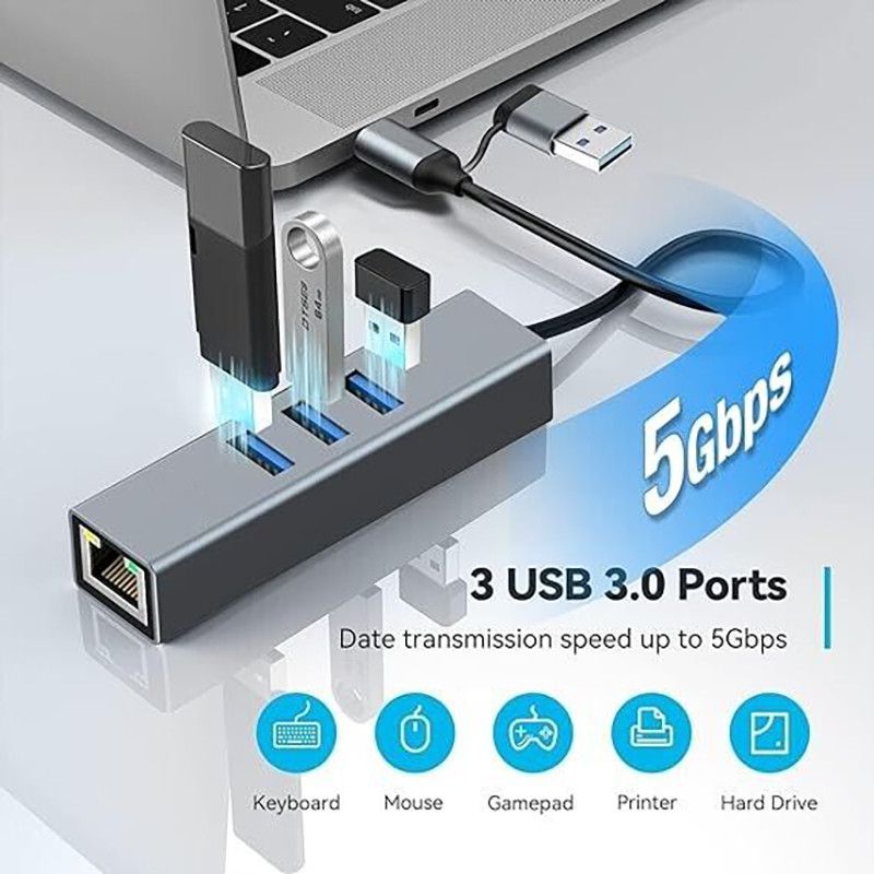 USB Type-C naar Ethernet Adapter met 14 USB-poorten 1000 Mbit/s Gigabit RJ45 LAN Hub