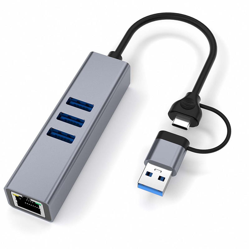 USB Type C LAN Adapter 6-in-2 USB C Hub met 3 USB 3.0-poorten en RJ45 Gigabit LAN-interface