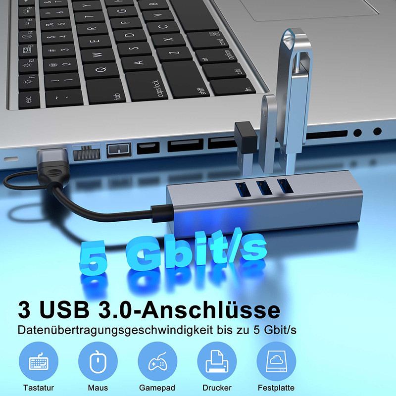 USB Type C LAN Adapter 6-in-2 USB C Hub met 3 USB 3.0-poorten en RJ45 Gigabit LAN-interface