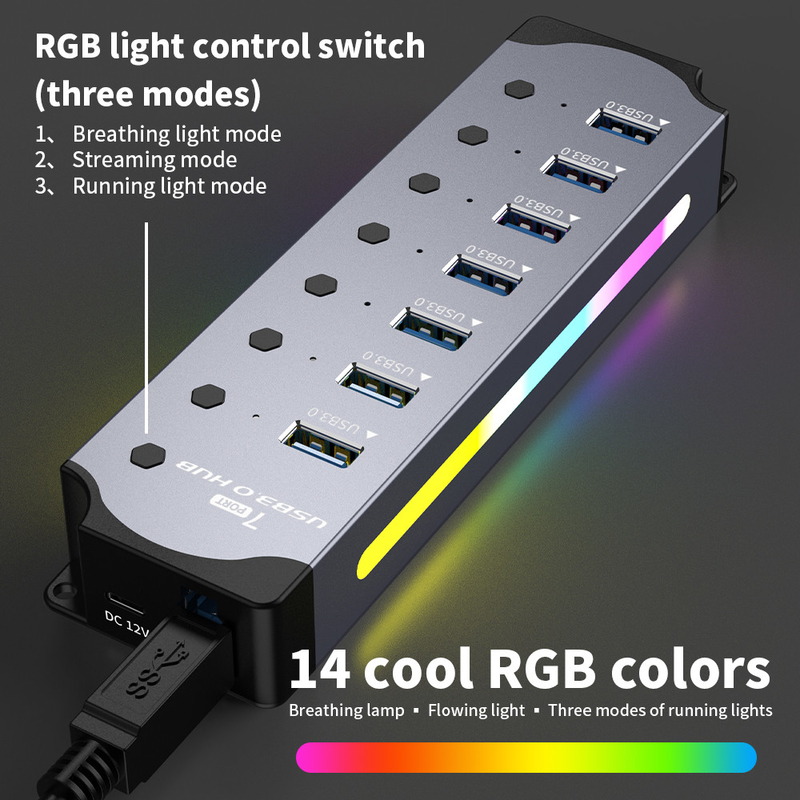 Gepersonaliseerd logo Geaccepteerde snelheid USB 3.0 Hub met 7 poorten en aluminium legeringsontwerp