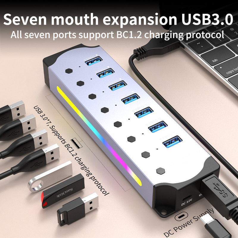 Gepersonaliseerd logo Geaccepteerde snelheid USB 3.0 Hub met 7 poorten en aluminium legeringsontwerp