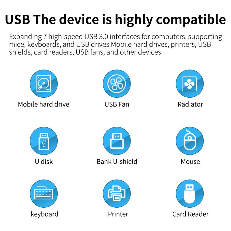 Gepersonaliseerd logo Geaccepteerde snelheid USB 3.0 Hub met 7 poorten en aluminium legeringsontwerp