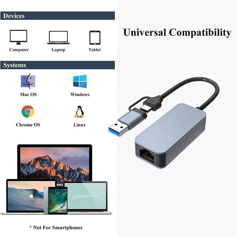 2 in 1 Aluminium USB 3.0 Type C Ethernet Adapter voor snelle en stabiele netwerkverbinding