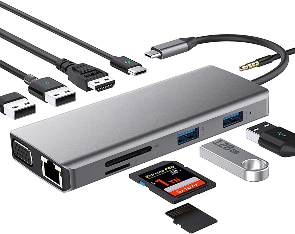 USB C Hub Type-C naar USB 3.0 HDMI VGA RJ45 Lan SD TF Audio USB Grey Multiport Adapter