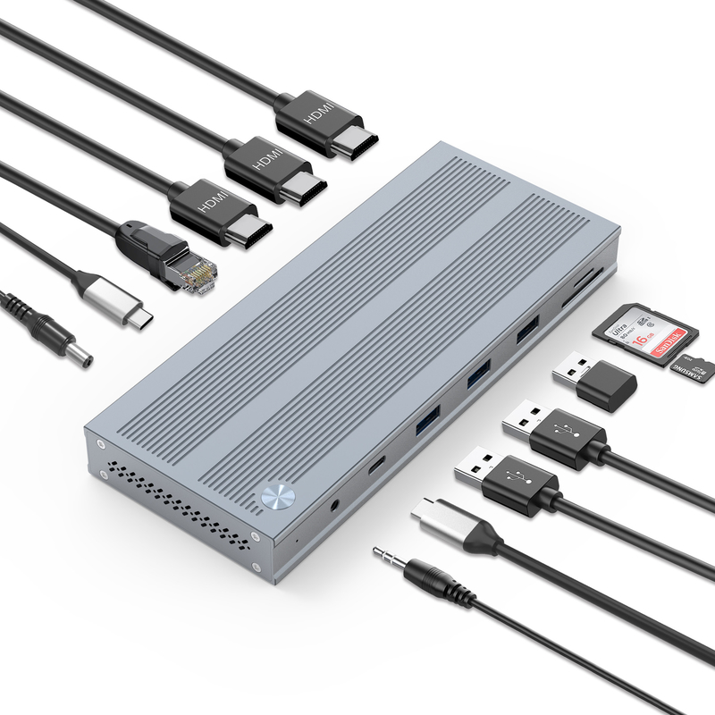14 In 1 USB-C Docking Station met Displaylink IC Type C tot HDMI Ondersteunt Triple Monitors tot 4K Aluminiumlegering en ABS