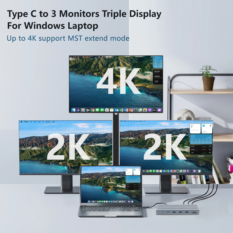 14 In 1 USB-C Docking Station met Displaylink IC Type C tot HDMI Ondersteunt Triple Monitors tot 4K Aluminiumlegering en ABS